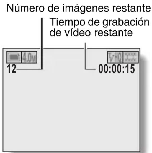 Número de imágenes restante Tiempo de grabación de vídeo restante 12 4.0M 00:00:15