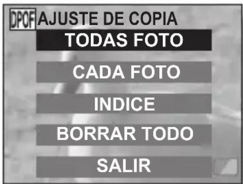 DPOF AJUSTE DE COPIA TODAS FOTO CADA FOTO INDICE BORRAR TODO SALIR