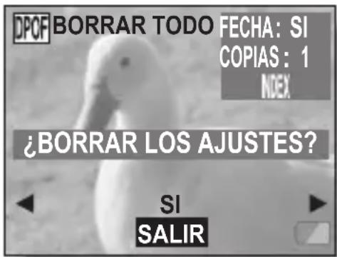 DPOF BORRAR TODO FECHA: SI COPIAS: 1 INDEX ¿BORRAR LOS AJUSTES? SI SALIR
