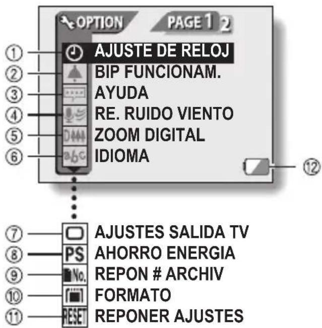 OPTION PAGE 1 2 AJUSTE DE RELOJ BIP FUNCIONAM. AYUDA RE. RUIDO VIENTO ZOOM DIGITAL IDIOMA ① ② ③ ④ ⑤ ⑥ AJUSTES SALIDA TV AHORRO ENERGIA REPON # ARCHIV FORMATO RESET ⑦ ⑧ ⑨ ⑩ ⑪