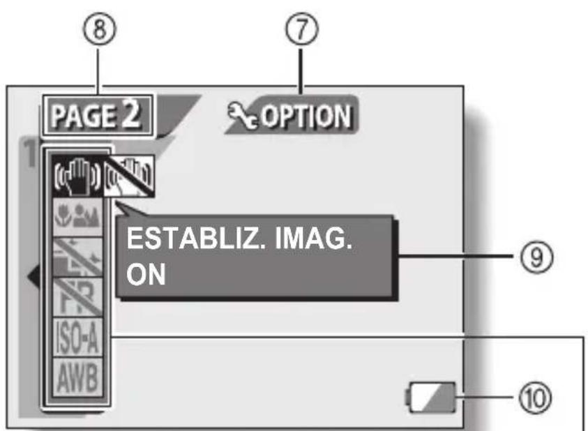 PAGE 2 OPTION ESTABLIZ. IMAG. ON ⑧ ⑦ ⑨ ⑩