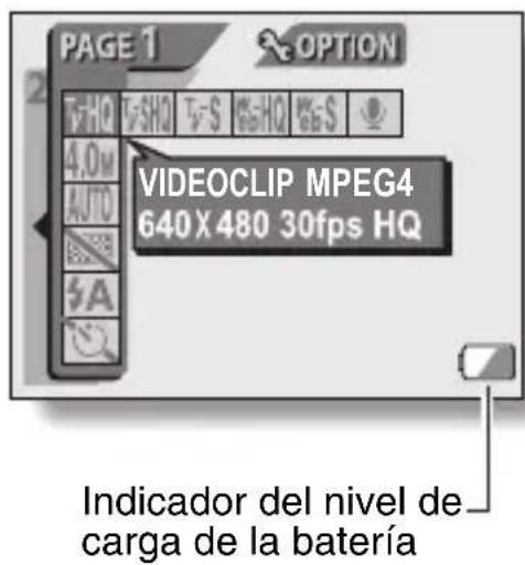PAGE 1 OPTION T=HQ V=SHQ T=5 %=HQ %=S VIDEOCLIP MPEG4 640X480 30fps HQ Indicador del nivel de carga de la batería