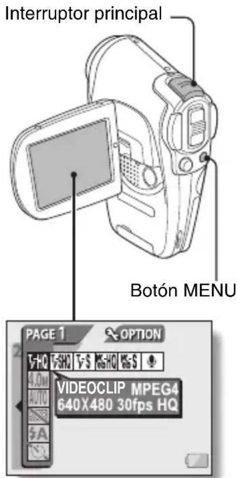 Interruptor principal Botón MENU PAGE 1 OPTION T-HQ T-S HQ H-S VIDEOCLIP MPEG4 640X480 30fps HQ