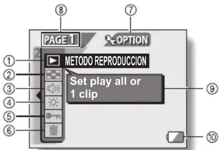 PAGE 1 OPTION METODO REPRODUCCION Set play all or 1 clip