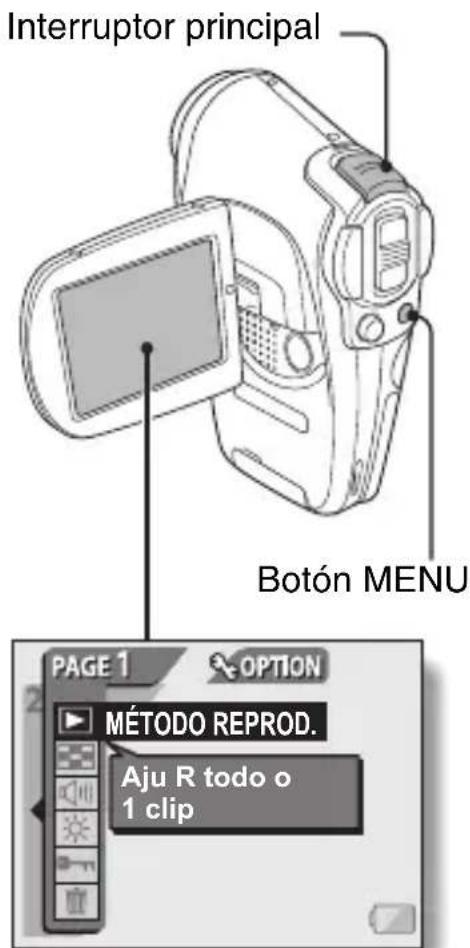 Interruptor principal Botón MENU PAGE 1 OPTION MÉTODO REPROD. Aju R todo o 1 clip
