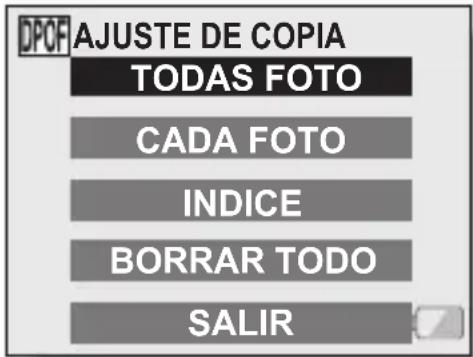 DPOF AJUSTE DE COPIA TODAS FOTO CADA FOTO INDICE BORRAR TODO SALIR