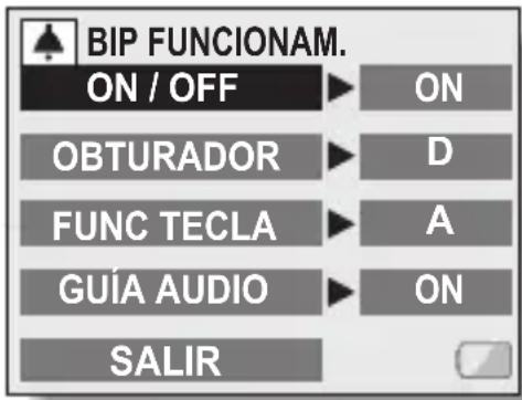 BIP FUNCIONAM. ON / OFF OBTURADOR FUNC TECLA GUÍA AUDIO SALIR ON D A ON