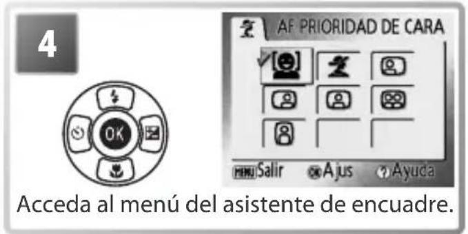 4 AE PRIORIDAD DE CARA Acceda al menú del asistente de encuadre.