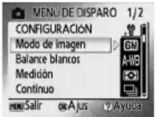 MENU DE DISPARO 1/2 CONFIGURACIÓN Modo de imagen Balance blancos Medición Continuo Salar Ajus Ayuda