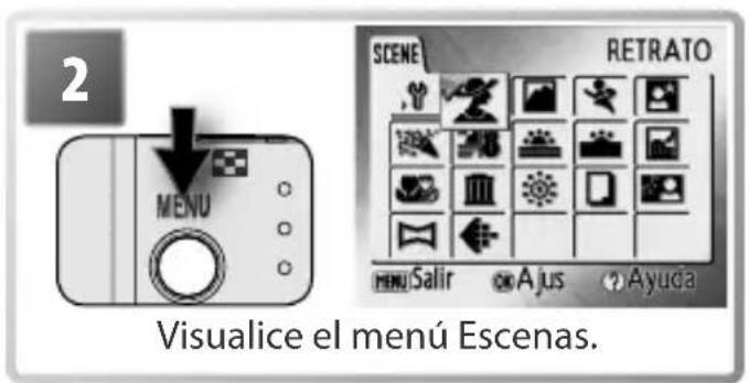 2 MENU Visualice el menú Escenas. SCENE RETRATO MENU Salir Ajus Ayuda