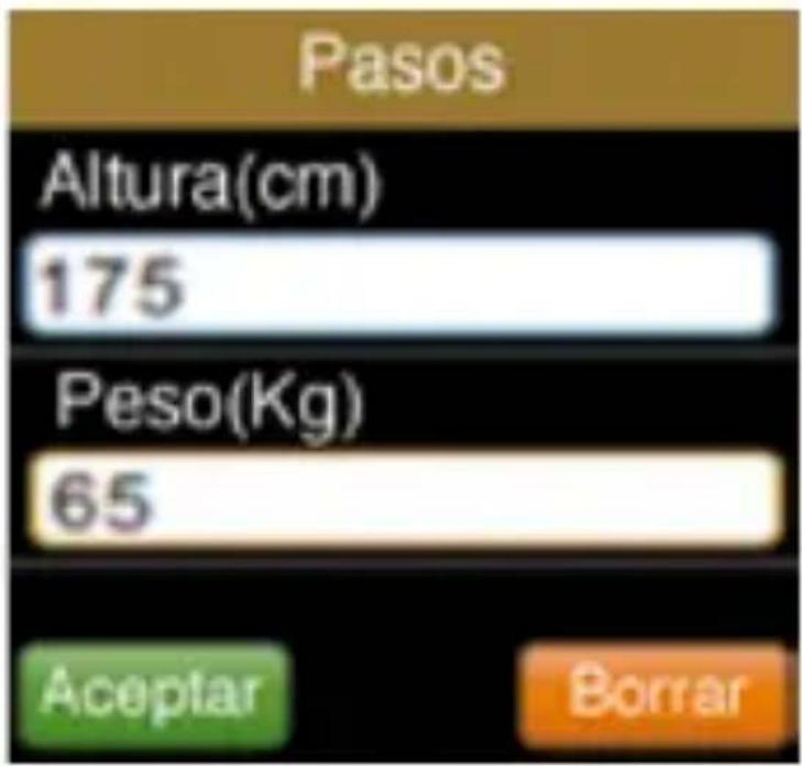 Pasos Altura(cm) 175 Peso(Kg) 65 Aceptar Borrar