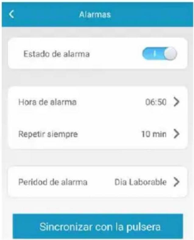 Alarmas Estado de alarma Hora de alarma 06:50 > Repetir siempre 10 min > Periodo de alarma Dia Laborable > Sincronizar con la pulsera