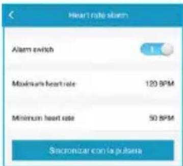Heart rate alarm Alarm switch Maximark heart rate 120 BPM Minimum heart rate 50 BPM Sinacronizar con la puerta