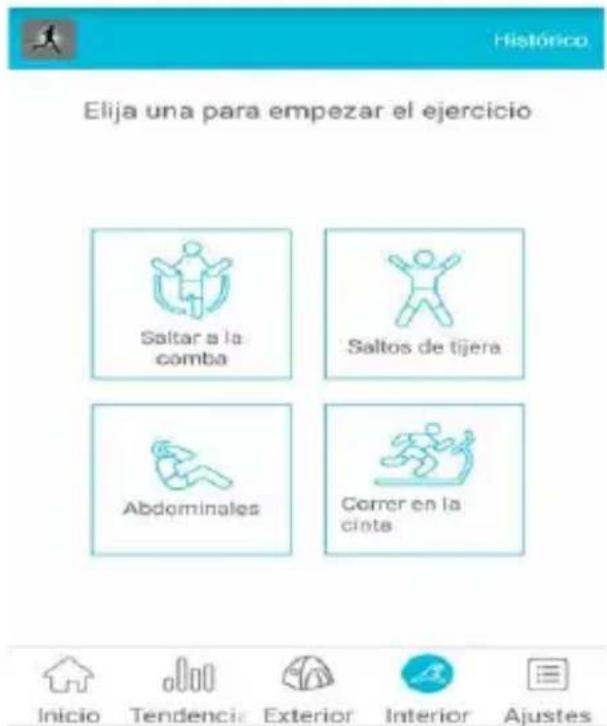 Elija una para empezar el ejercicio Saltar a la comba Saltos de tijera Abdominales Correr en la cinte Inicio Tendencia Exterior Interior Ajustes