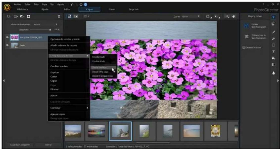 Archivo Editor Foto Cape Ver Ayuda Biblioteca Ajustar Editor Capue Create Imprimir PhotoDirector Modo de fusionantes Normar Opacity Lift g Blue filter 2219574_1830... Options de tiensbra y borde Añadir máxaca de recorte Eliminar máxaca de recorte I mar máxaca de capa Eliminar máxaca de capa Cambiar nombre Duplicar Cortar Coplar Pagar Eliminar Ajustar Convertir a Images Combinar Agrupar capas Desagrapar capas Remlar todo: Cucitar todo: Desde anterior. Desde otra capa Desde trampar encla 3 seleccionadores - 27 msnistrados Galección / Todas las fator / P644E117.JPG