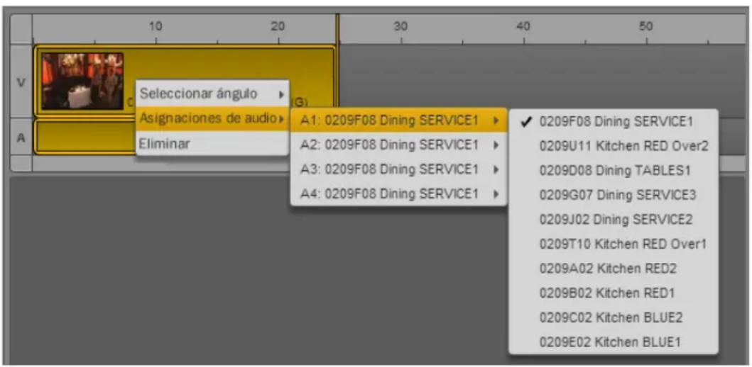 V C G Seleccionar ángulo Asignaciones de audio Eliminar A1: 0209F08 Dining SERVICE1 A2: 0209F08 Dining SERVICE1 A3: 0209F08 Dining SERVICE1 A4: 0209F08 Dining SERVICE1 ✓ 0209F08 Dining SERVICE1 0209U11 Kitchen RED Over2 0209D08 Dining TABLES1 0209G07 Dining SERVICE3 0209J02 Dining SERVICE2 0209T10 Kitchen RED Over1 0209A02 Kitchen RED2 0209B02 Kitchen RED1 0209C02 Kitchen BLUE2 0209E02 Kitchen BLUE1