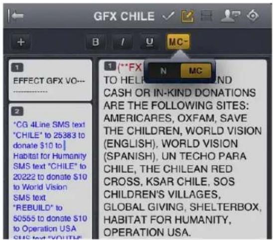 GFX CHILE + B I U MC- 1 (**)FX N MC EFFECT GFX VO-- ---- 2 *CG 4Line SMS text *CHILE* to 25383 to donate $10 to Habitat for Humanity SMS text "CHILE" to 20222 to donate $10 to World Vision SMS text 'REBUILD" to 50555 to donate $10 to Operation USA SMS text "VOLTS" 1 (**)FX N MC TO HELIP AND CASH OR IN-KIND DONATIONS ARE THE FOLLOWING SITES: AMERICARES, OXFAM, SAVE THE CHILDREN, WORLD VISION (ENGLISH), WORLD VISION (SPANISH), UN TECHO PARA CHILE, THE CHILEAN RED CROSS, KSAR CHILE, SOS CHILDREN'S VILLAGES, GLOBAL GIVING, SHELTERBOX, HABITAT FOR HUMANITY, OPERATION USA.