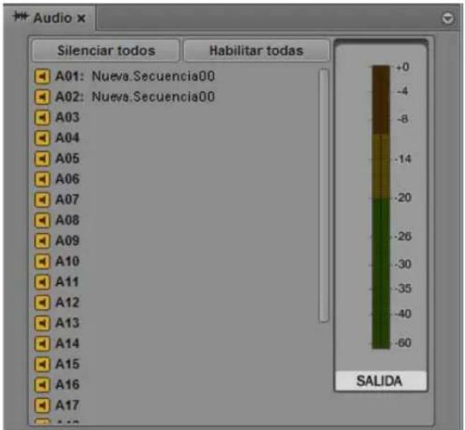 Audio x Silenciar todos Habilitar todas A01: Nueva.Secuencia00 A02: Nueva.Secuencia00 A03 A04 A05 A06 A07 A08 A09 A10 A11 A12 A13 A14 A15 A16 A17 SALIDA