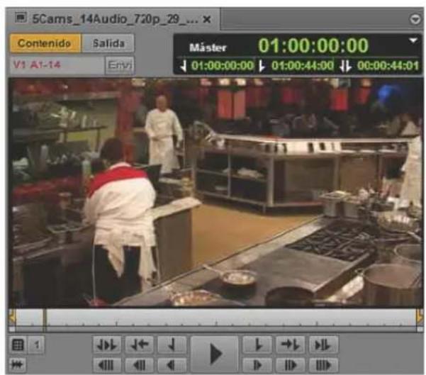 5Cams_14Audio_720p_29_... Contenido Salida V1 A1-14 Env Máster 01:00:00:00 ↓ 01:00:00:00 ↓ 01:00:44:00 ↓ 00:00:44:01