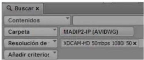 Buscar x Contenidos Carpeta MADIP2-IP (AVIDWG) Resolución de XDCAM-HD 50mbps 1080i 50 x Añadir criterio:
