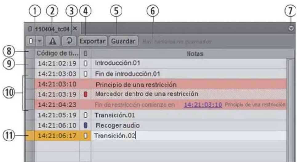 110404_tc04 Exportar Guardar Hay cambiaro guardados Código de ti... Notas 14:21:02:19 Introducción.01 14:21:03:03 Fin de introducción.01 14:21:03:10 Principio de una restricción 14:21:03:19 Marcador dentro de una restricción 14:21:04:23 Fin de restricción comienza en 14:21:03:10 Principio de una restricción 14:21:05:19 Transición.01 14:21:06:10 Recoger audio 14:21:06:17 Transición.02