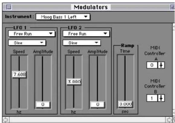 Modulators Instrument: Moog Bass 1 Left LFO 1 Free Run Sine Speed Amplitude 7.608 Hz 0 LFO 2 Free Run Sine Speed Amplitude 3.880 Hz 0 Ramp Time 0.000 sec MIDI Controller A 0 MIDI Controller B 1