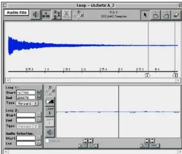 Loop - sh.forte A.2 Audio File 4.6 s 203,642 Samples 0.5 s 1 s 1.5 s 2 s 2.5 s 3 s 3.5 s 4 s 1 Loop 1: Start 167760 End 200078 Type Forward 2 Loop 2: Start End Type Forward 2 Audio Selection: Start End