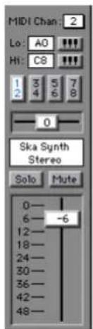 MIDI Chan: 2 Lo: AO Hi: C8 1 3 5 7 2 4 6 8 0 Ska Synth Stereo Solo Mute 0— 6— -6 12— 18— 24— 30— 36— 42— 48—