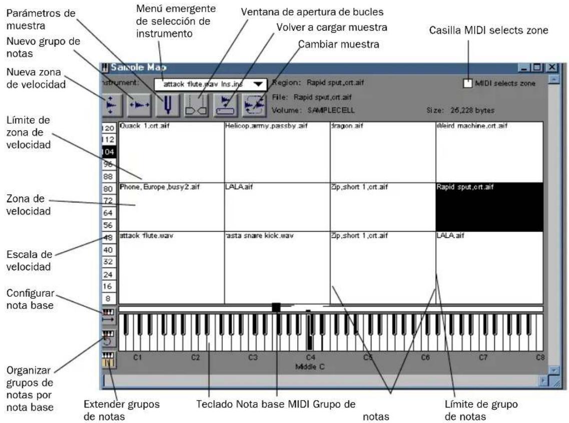 Parámetros de muestra Nuevo grupo de notas Nueva zona de velocidad Límite de zona de velocidad Zona de velocidad Escala de velocidad Configurar nota base Organizar grupos de notas por nota base Extender grupos de notas Menu emergente de selección de instrumento Ventana de apertura de bucles Volver a cargar muestra Cambiar muestra Casilla MIDI selects zone Instrument: attack flute.wav Ins.INS Region: Rapid sput,ort.aif File: Rapid sput,ort.aif Volume: SAMPLECELL Size: 25,228 bytes MIDI selects zone Quack 1,ort.aif Helicop.army.passby.aif dragon.aif Weird machine,ort.aif Phone, Europe, busy2.aif LALA.aif Zip,short 1,ort.aif Rapid sput,ort.aif attack flute.wav pasta snare kick.wav Zip,short 1,ort.aif LALA.aif C1 C2 C3 C4 Middle C C5 C6 C7 C8