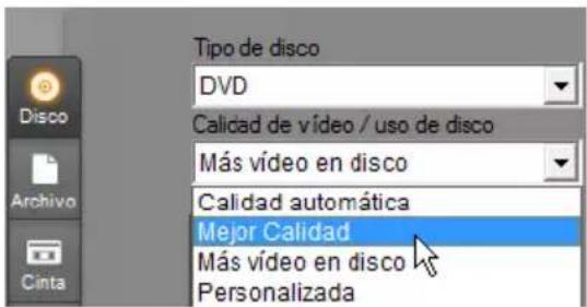 Tipo de disco DVD Calidad de vídeo / uso de disco Más vídeo en disco Calidad automática Mejor Calidad Más vídeo en disco Personalizada