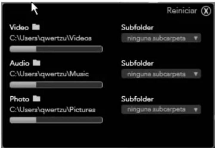 Video C:\Users\qwertzu\Videos Audio C:\Users\qwertzu\Music Photo C:\Users\qwertzu\Pictures Subfolder ninguna subcarpeta Subfolder ninguna subcarpeta Subfolder ninguna subcarpeta Reiniciar