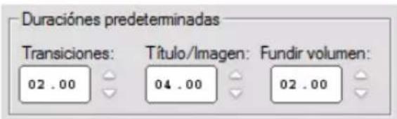 Duraciones predeterminadas Transiciones: Título/Imagen: Fundir volumen: 02 . 00 04 . 00 02 . 00