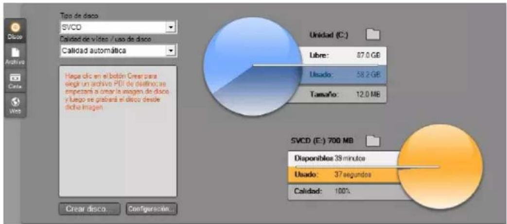 Tipo de disco SVCD Calidad de vídeo / uso de disco Calidad automática Hasa clic en el botón Creer para selegir un archivo PDI de destino; se empezaná a crear la imagen de disco y luego se graberá el disco desde dicha imagen Creatar disco... Configuración... Unidad (C:) Libre: 87.0 GB Usado: 58.2 GB Tamaño: 12.0 MB SVCD (E:) 700 MB Diaponibles: 39 minutos Usado: 37 segundos Calidad: 100%