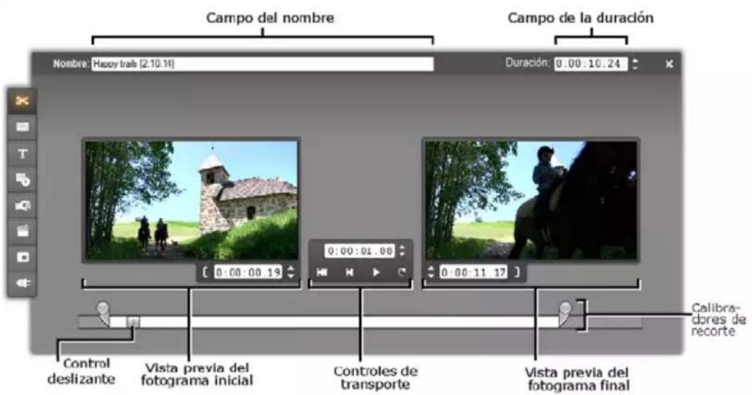 Campo del nombre Campo de la duración Nombre: Happy trails [2:10.14] Duración: 0:00:10.24 Control deslizante Vista previa del fotograma inicial 0:00:01.06 Controles de transporte 0:00:11.17 Vista previa del fotograma final Calibra- dores de recorte