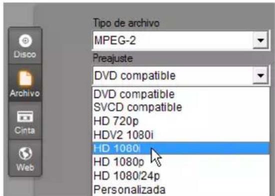 Tipo de archivo MPEG-2 Preajuste DVD compatible DVD compatible SVCD compatible HD 720p HDV2 1080i HD 1080i HD 1080p HD 1080/24p Personalizada