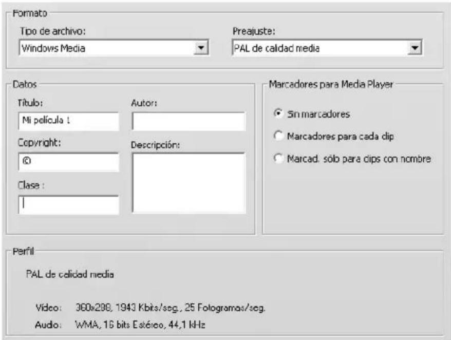 Formato Tipo de archivo: Windows Media Preajuste: PAL de calidad media Datos Título: Mi película ! Copyright: © Clase : Autor: Descripción: Marcadores para Media Player Sin marcadores Marcadores para cada clip Marcad. sólo para dips con nombre Perfil PAL de calidad media Video: 360x298, 1943 Kbits/seg., 25 Fotogramas/seg. Audio: 'WMA, 16 bits Estérico, 44,1 kHz