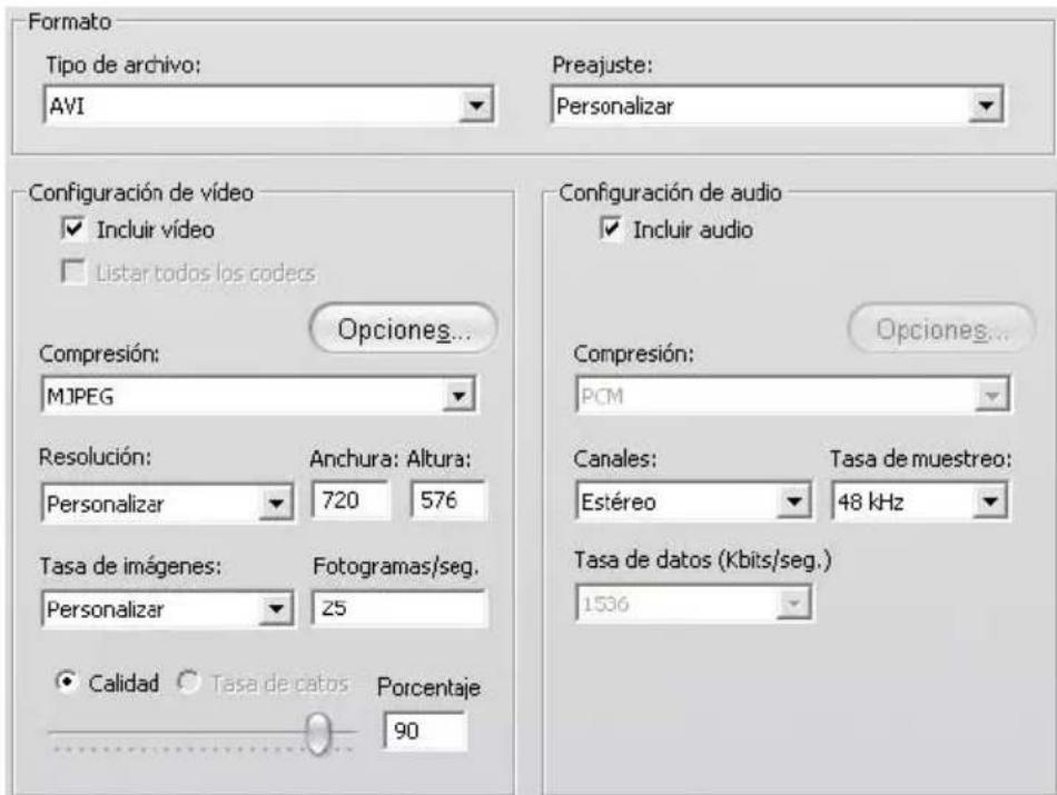 Formato Tipo de archivo: AVI Preajuste: Personalizar Configuración de vídeo Incluir vídeo Listar todos los coders Opciones... Compresión: MJPEG Resolución: Personalizar 720 576 Anchura: Altura: Tasa de imágenes: Personalizar Fotogramas/seg. 25 Calidad Tasa de datos Porcentaje 90 Configuración de audio Incluir audio Compresión: PCM Canales: Estéreo Tasa de muestreo: 48 kHz Tasa de datos (Kbits/seg.) 1536