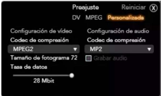 Preajuste Reiniciar DV MPEG Personalizada Configuración de vídeo Codec de compresión MPEG2 Tamaño de fotograma 72 Tasa de datos 28 Mbit Configuración de audio Codec de compresión MP2 Grabar audio