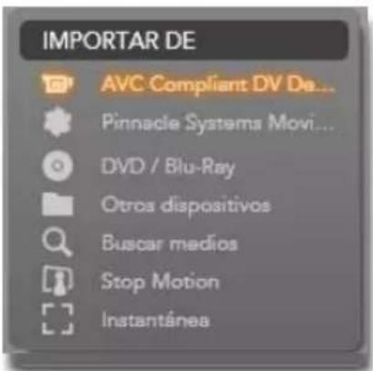 IMPORTAR DE AVC Compliant DV De... Pinnacle Systems Movi... DVD / Blu-Ray Otros dispositivos Buscar medios Stop Motion Instantánea