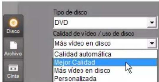 Tipo de disco DVD Calidad de vídeo / uso de disco Más vídeo en disco Calidad automática Mejor Calidad Más vídeo en disco Personalizada