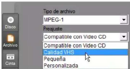 Tipo de archivo MPEG-1 Preajuste Compatible con Video CD Compatible con Video CD Calidad VHS Pequeña Personalizada