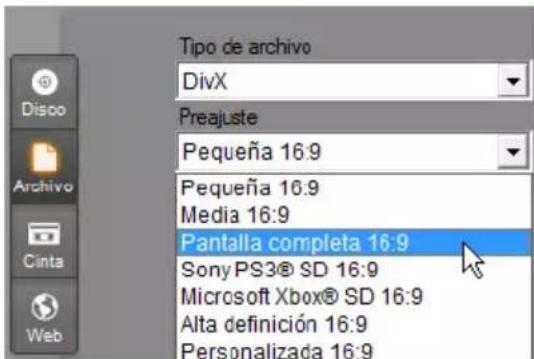 Tipo de archivo DivX Preajuste Pequeña 16:9 Pequeña 16:9 Media 16:9 Pantalla completa 16:9 Sony PS3® SD 16:9 Microsoft Xbox® SD 16:9 Alta definición 16:9 Personalizada 16:9