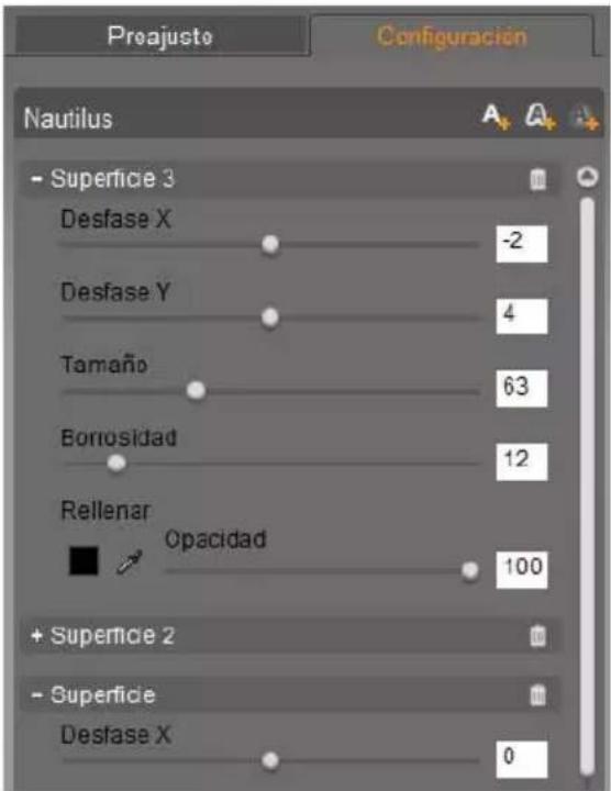 Preajuste Configuración Nautilus - Superficie 3 Desfase X -2 Desfase Y 4 Tamaño 63 Borrosidad 12 Rellenar Opacidad 100 + Superficie 2 - Superficie Desfase X 0