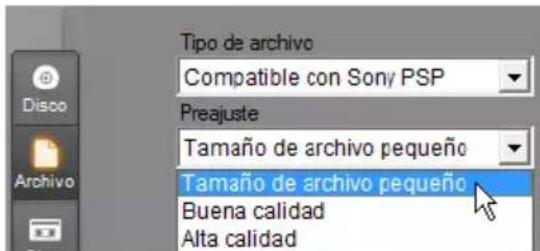 Tipo de archivo Compatible con Sony PSP Preajuste Tamaño de archivo pequeño Tamaño de archivo pequeño Buena calidad Alta calidad