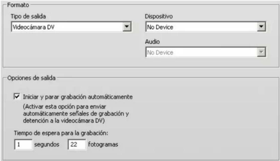 Formato Tipo de salida Videocámara DV Dispositivo No Device Audio No Device Opciones de salida ✓ Iniciar y parar grabación automáticamente (Activar esta opción para enviar automáticamente señales de grabación y detención a la videocámara DV) Tiempo de espera para la grabación: 1 segundos 22 fotogramas
