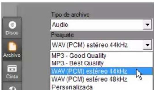 Tipo de archivo Audio Preajuste WAV (PCM) estéreo 44kHz MP3 - Good Quality MP3 - Best Quality WAV (PCM) estéreo 44kHz WAV (PCM) estéreo 48kHz Personalizada
