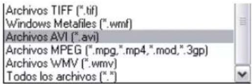 Archivos TIFF (*.tif) Windows Metafiles (*.wmf) Archivos AVI (*.avi) Archivos MPEG (*.mpg,*.mp4,*.mod,*.3gp) Archivos WMV (*.wmv) Todos los archivos (*.*)
