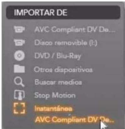 IMPORTAR DE AVC Compliant DV De... Disco removable (I:) DVD / Blu-Ray Otros dispositivos Buscar medios Stop Motion Instantánea AVC Compliant DV De...