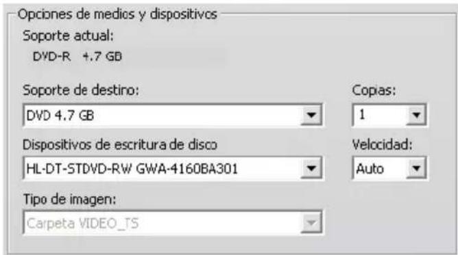 Opciones de medios y dispositivos Soporte actual: DVD-R +.7 GB Soporte de destino: DVD 4.7 GB Dispositivos de escritura de disco HL-DT-STDVD-RW GWA-4160BA301 Tipo de imagen: Carpeta VIDEO_TS Copias: 1 Velocidad: Auto