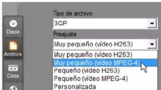 Tipo de archivo 3CP Preajuste Muy pequeño (vídeo H263) Muy pequeño (vídeo H263) Muy pequeño (vídeo MPEG-4) Pequeño (vídeo H263) Pequeño (vídeo MPEG-4) Personalizada